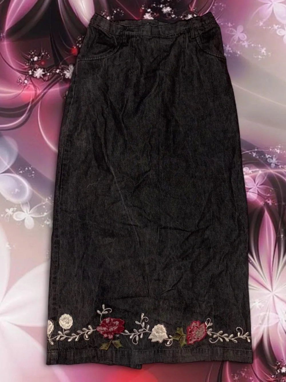 vtg 90s embroidered denim maxi skirt - denim & co, 100% cotton, sz xs